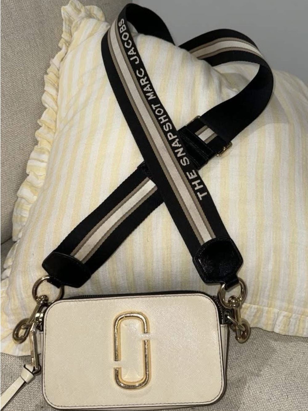 Marc Jacobs Cream Snapshot Crossbody with Black & Beige Logo Strap